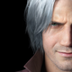 A closeup shot of a grizzled, gray-haired man with green eyes and a red coat.